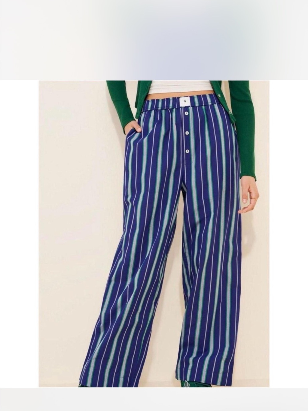 ANTHROPOLOGIE Wren Boxer Pants with Green and Navy and Gray Stripes Medium